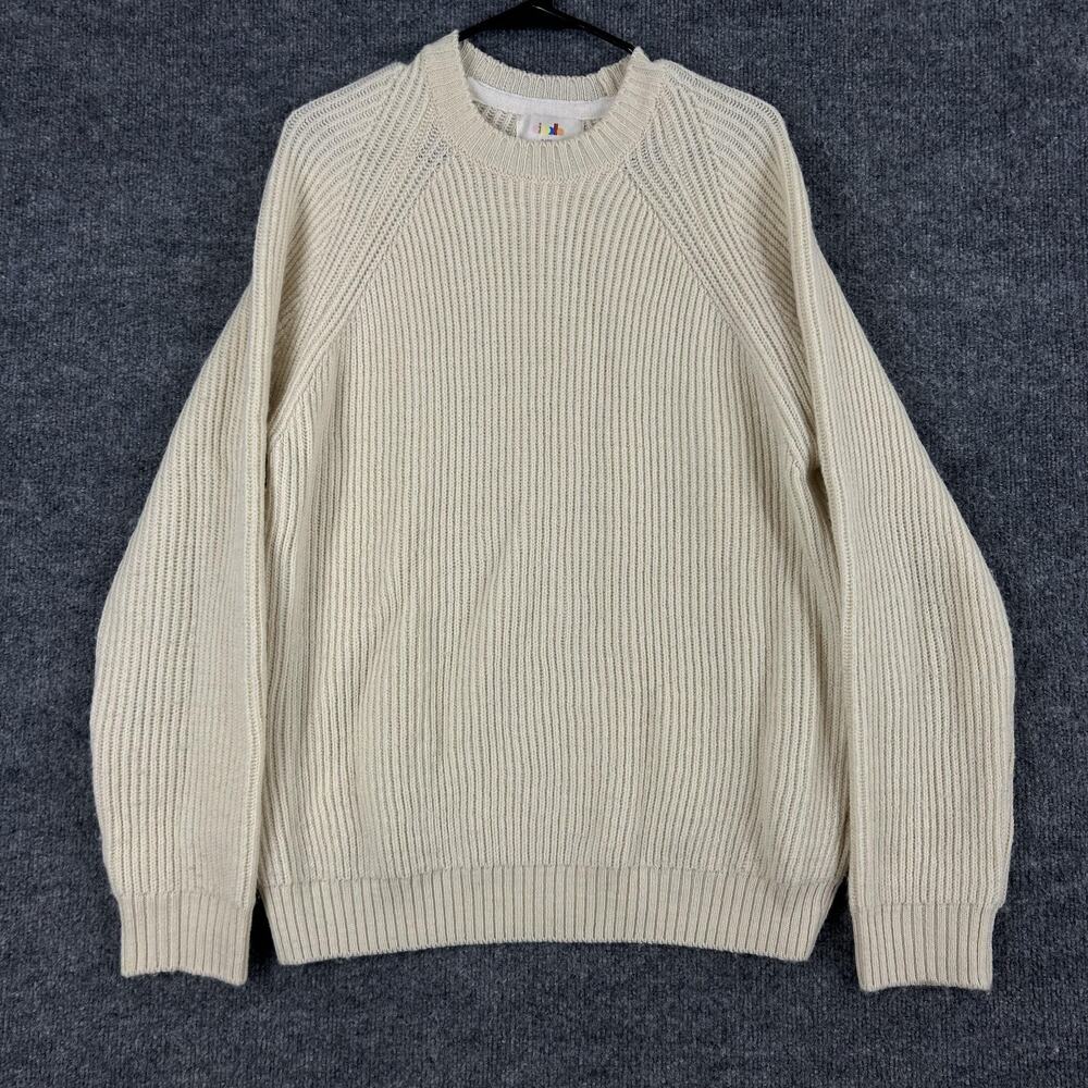 Oi Polloi Sweater Men Large 100% Wool Chunky Knit Beige Crewneck Cozy Comfy Warm